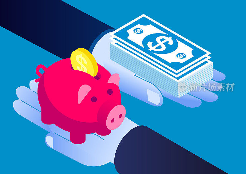 Isometric savings concept, hand holding piggy bank and money.